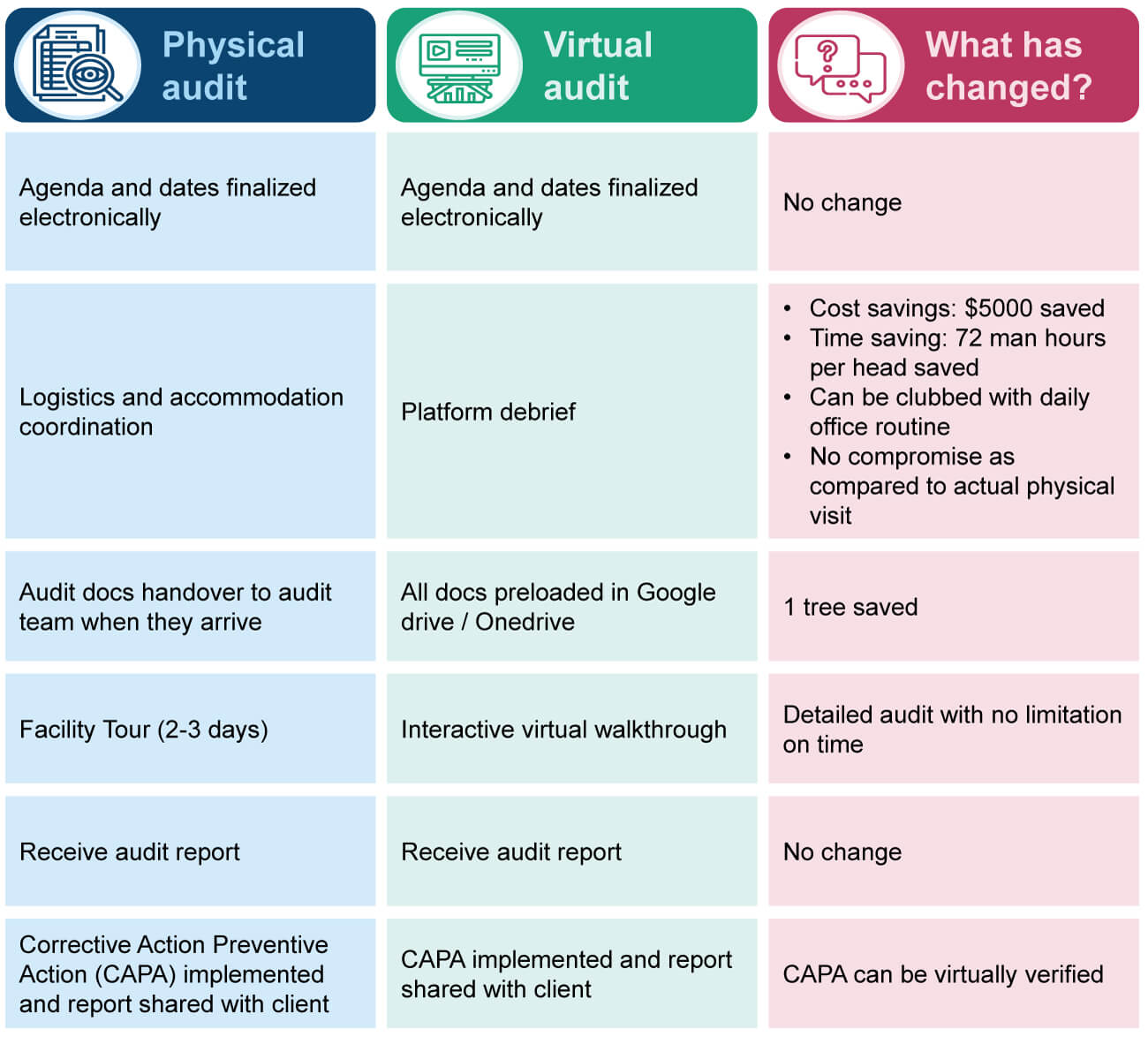 Comparison table showing differences between physical audits and virtual audits in terms of logistics, document sharing, facility walkthroughs, reporting, and CAPA implementation
