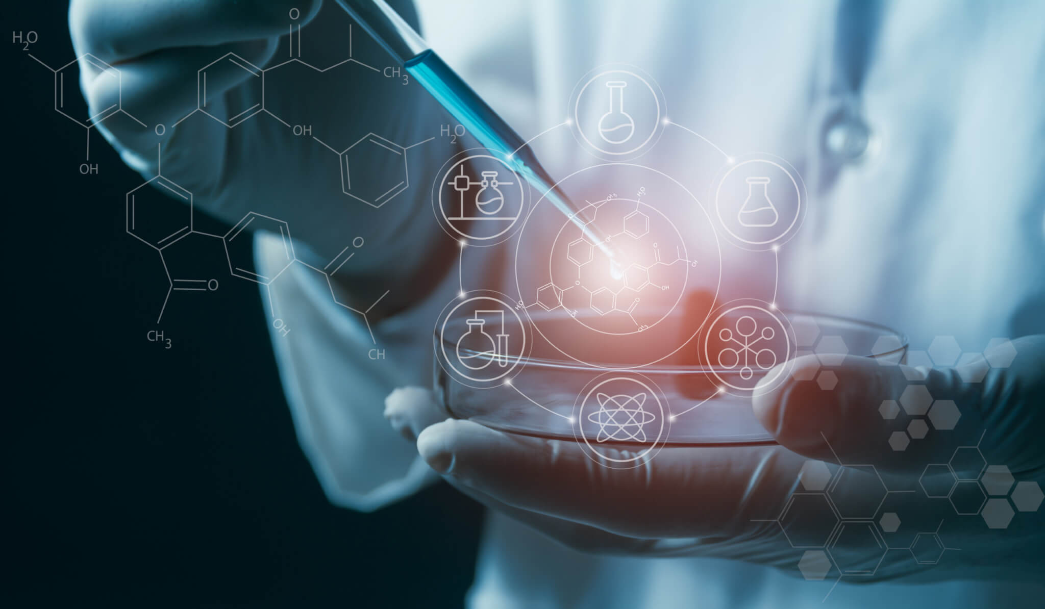 Researcher using a pipette to transfer liquid into a petri dish with digital molecular structures overlay, symbolizing integrated drug discovery process and pharmaceutical innovation.