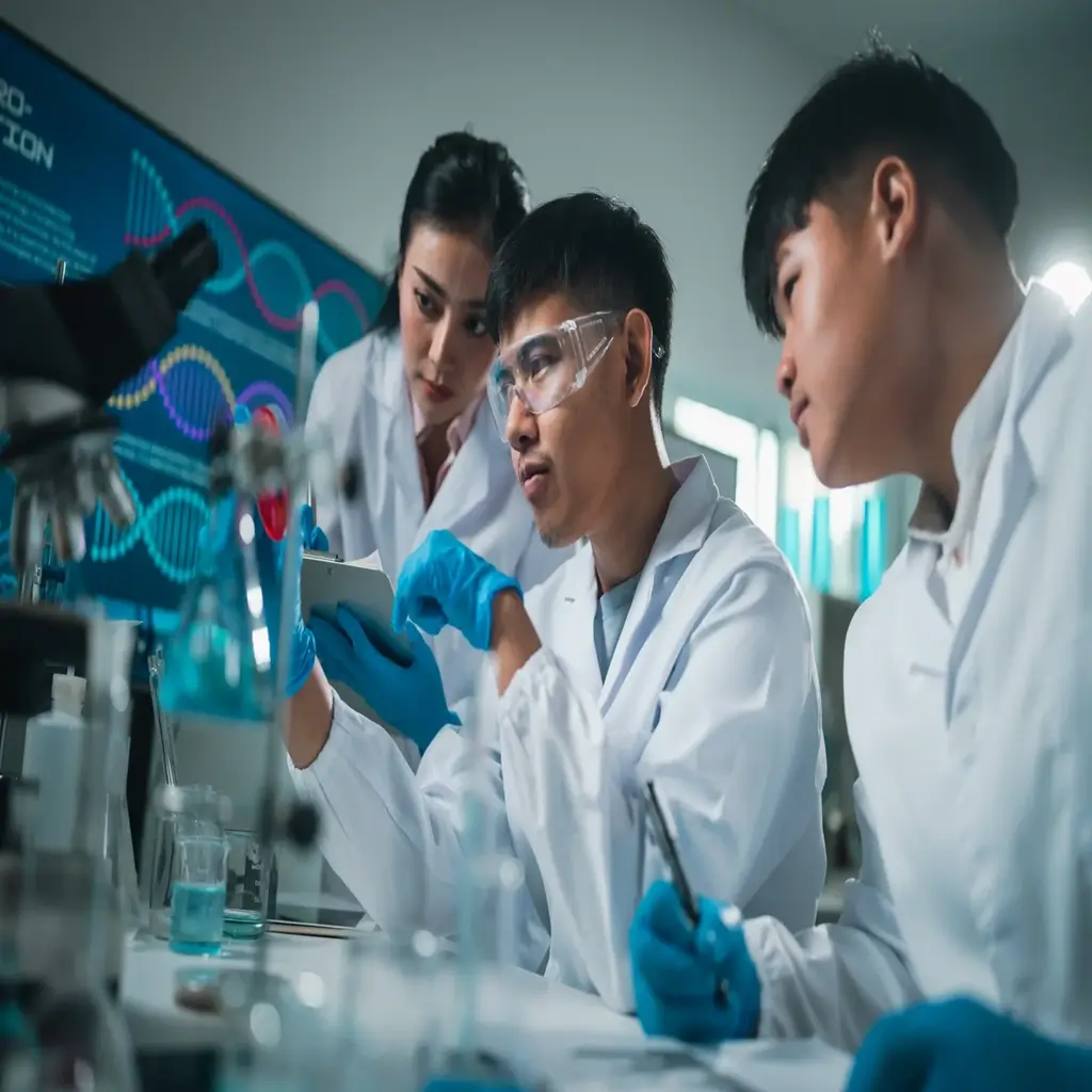 Engineers plan the next unit operation on a console while coordinating mRNA manufacturing.