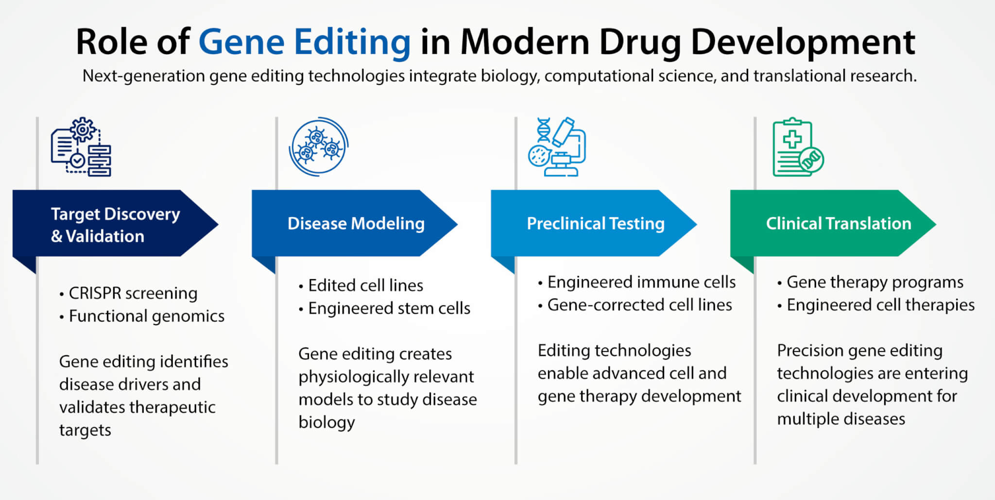 Infographic illustrating gene editing applications across the modern drug development pipeline.