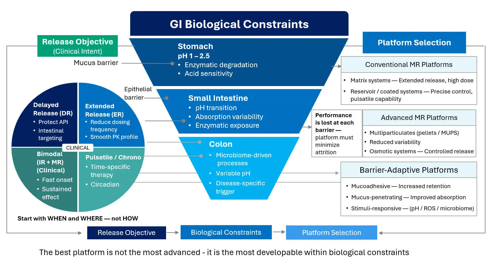 Infographic showing how clinical release objectives and gastrointestinal biological constraints guide drug delivery platform selection for delayed, extended and targeted release.