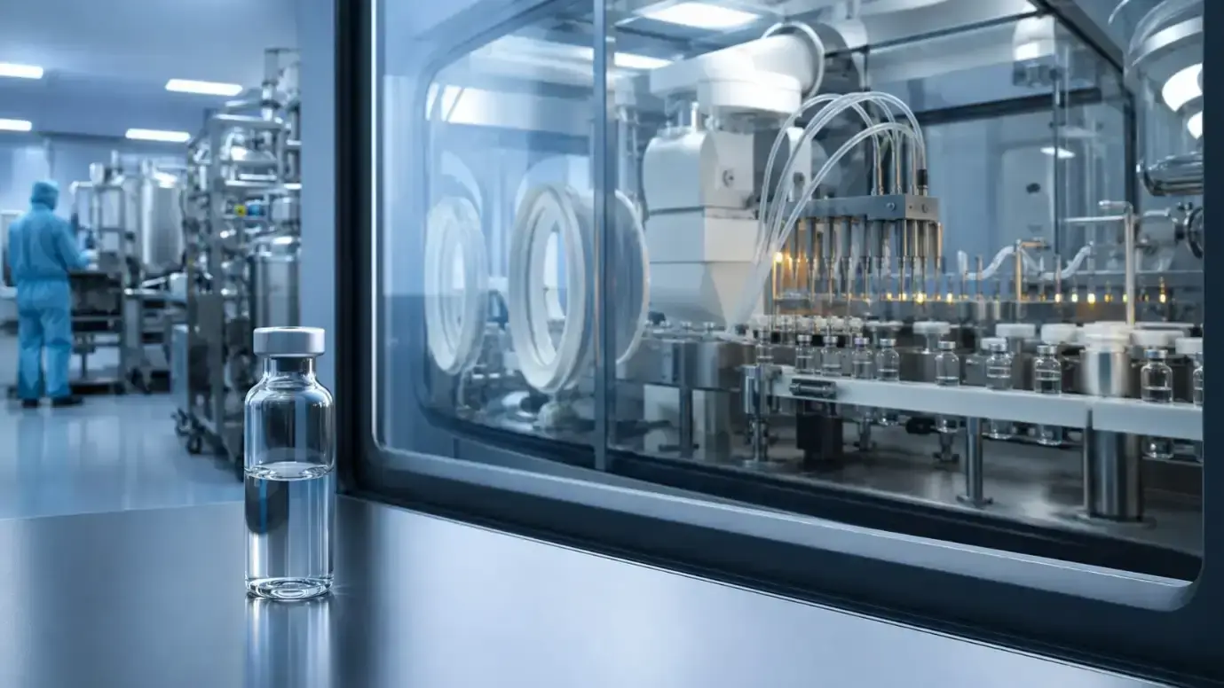 Sterile fill-finish manufacturing at scale showing automated aseptic vial filling and integrated DS+DP+FF operations designed to reduce late-stage development and technology transfer challenges.
