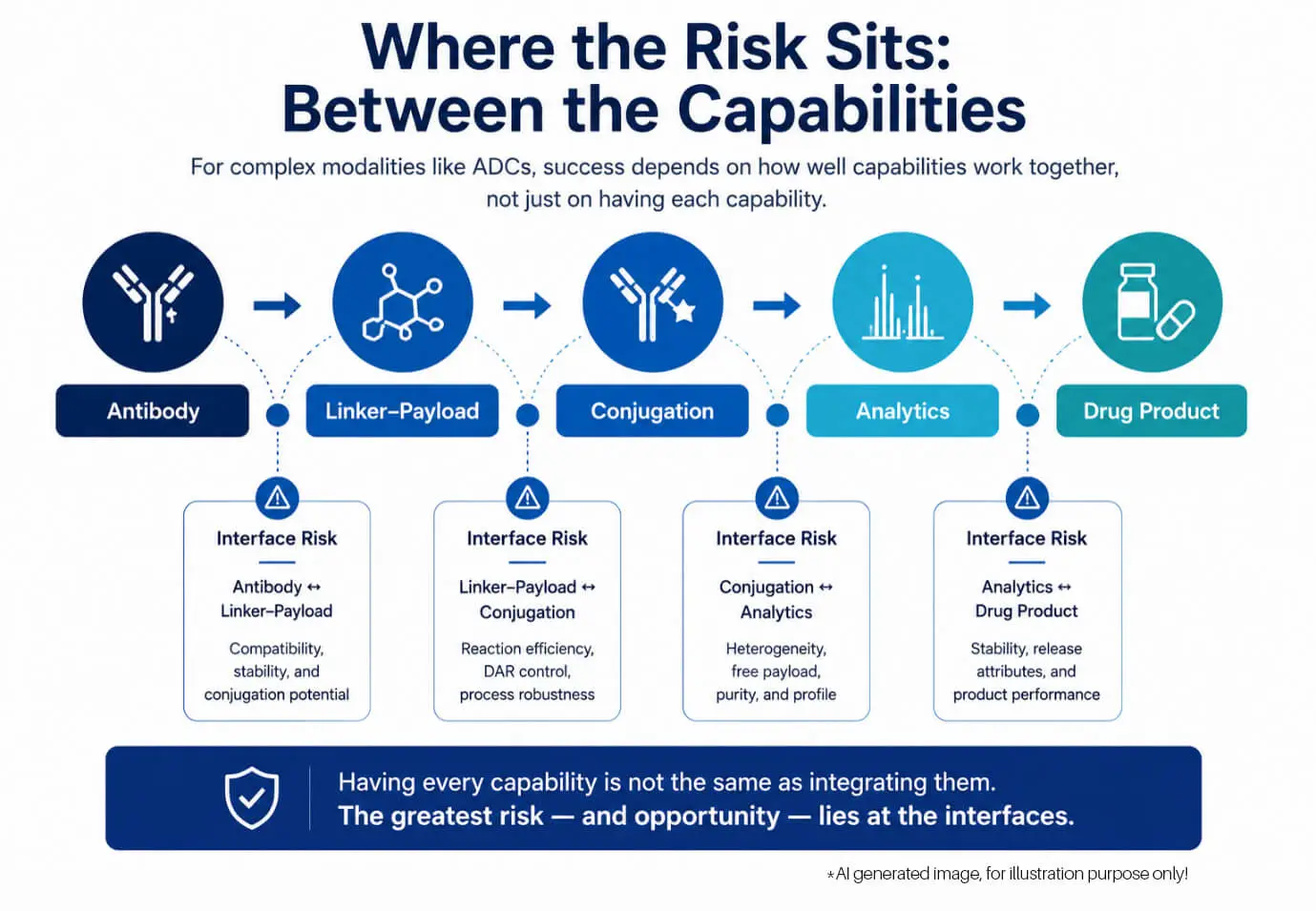 Figure 2: Integrated ADC development infographic showing interface risks across antibody, linker-payload, conjugation, analytics, and drug-product development within a CRDMO model.