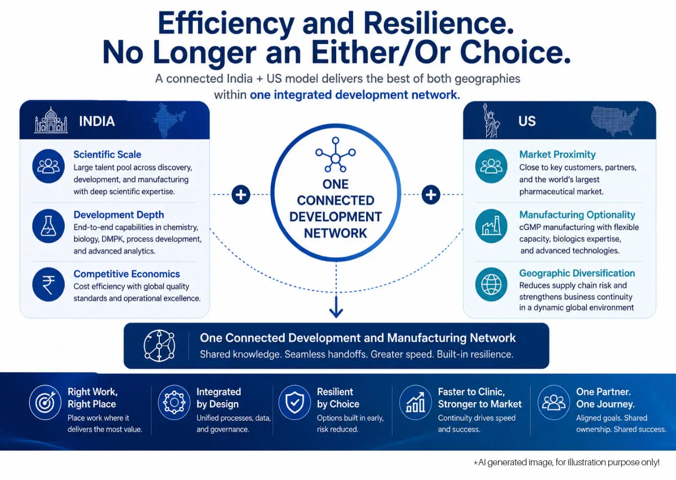 Figure 4: Infographic showing how an integrated India and US CRDMO network can combine scientific scale, development depth, manufacturing flexibility, market proximity, and supply-chain resilience.