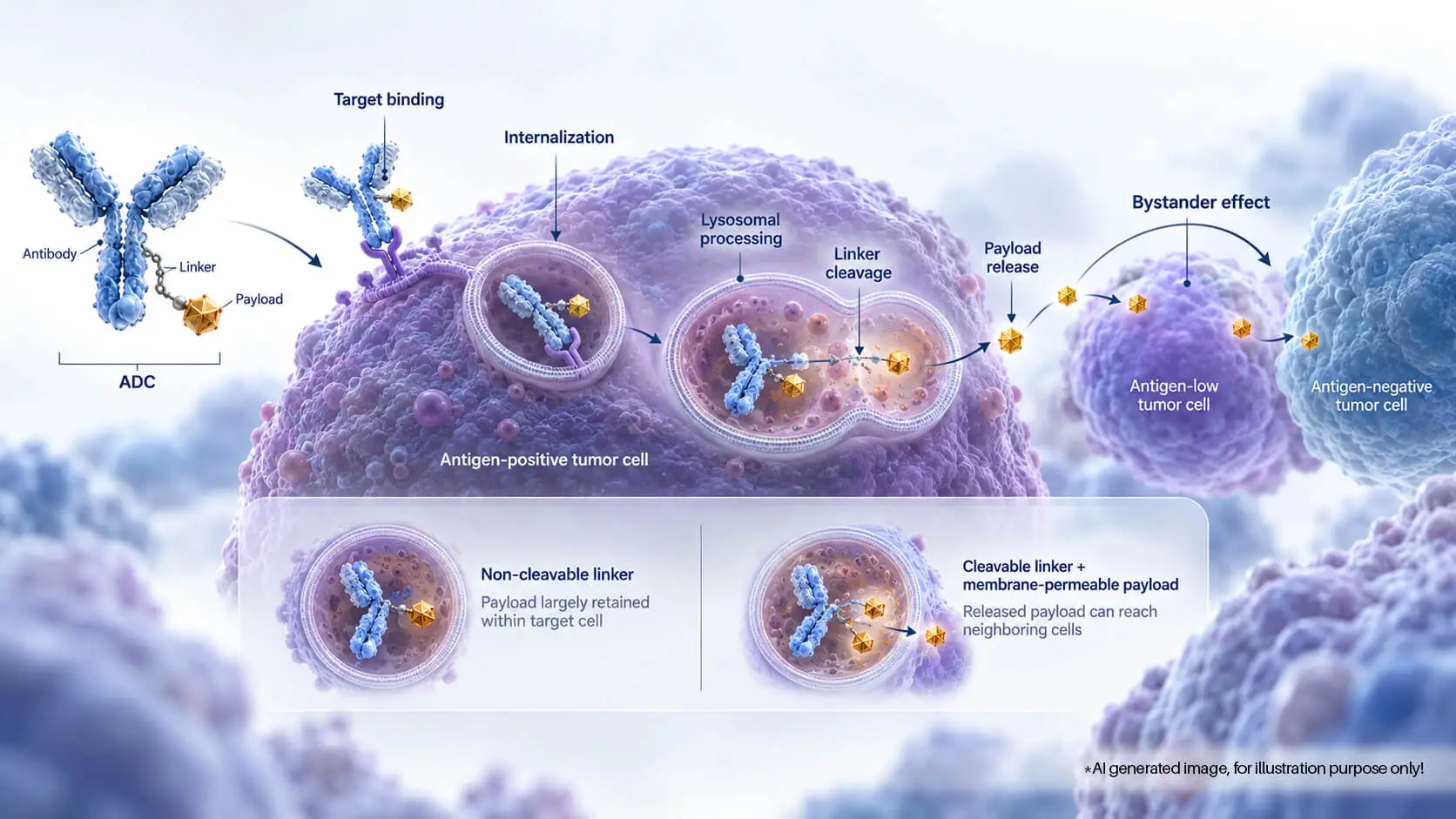 ADC linker payload design illustrating target binding, internalization, linker cleavage, payload release, bystander killing effect, and the impact of linker choice on ADC efficacy.