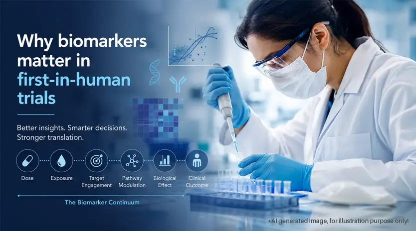 Scientist testing samples beside a biomarker continuum showing dose, exposure, target engagement, pathway modulation, biological effect, and clinical outcome.
